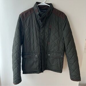 Zara Man Quilted Jacket with Faux Leather Trim, Green and Brown, Size Medium